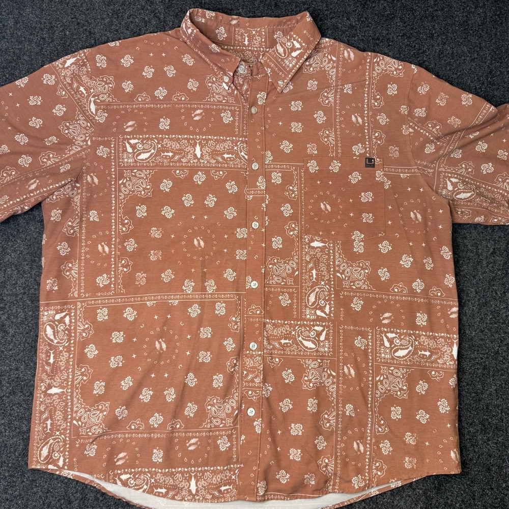 HUK Fishing Shirt Mens 2XL Rust Bandana Paisley Fish Print Button Up Stretch